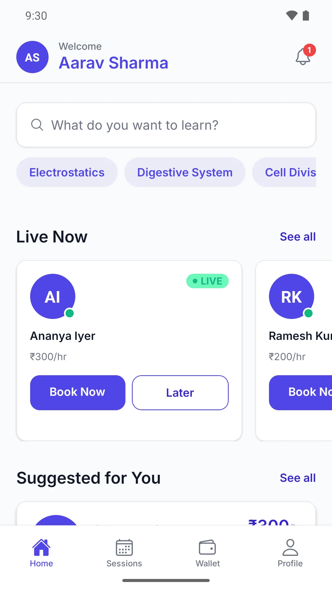 MoLe home screen showing educators who are live now with Book Now buttons