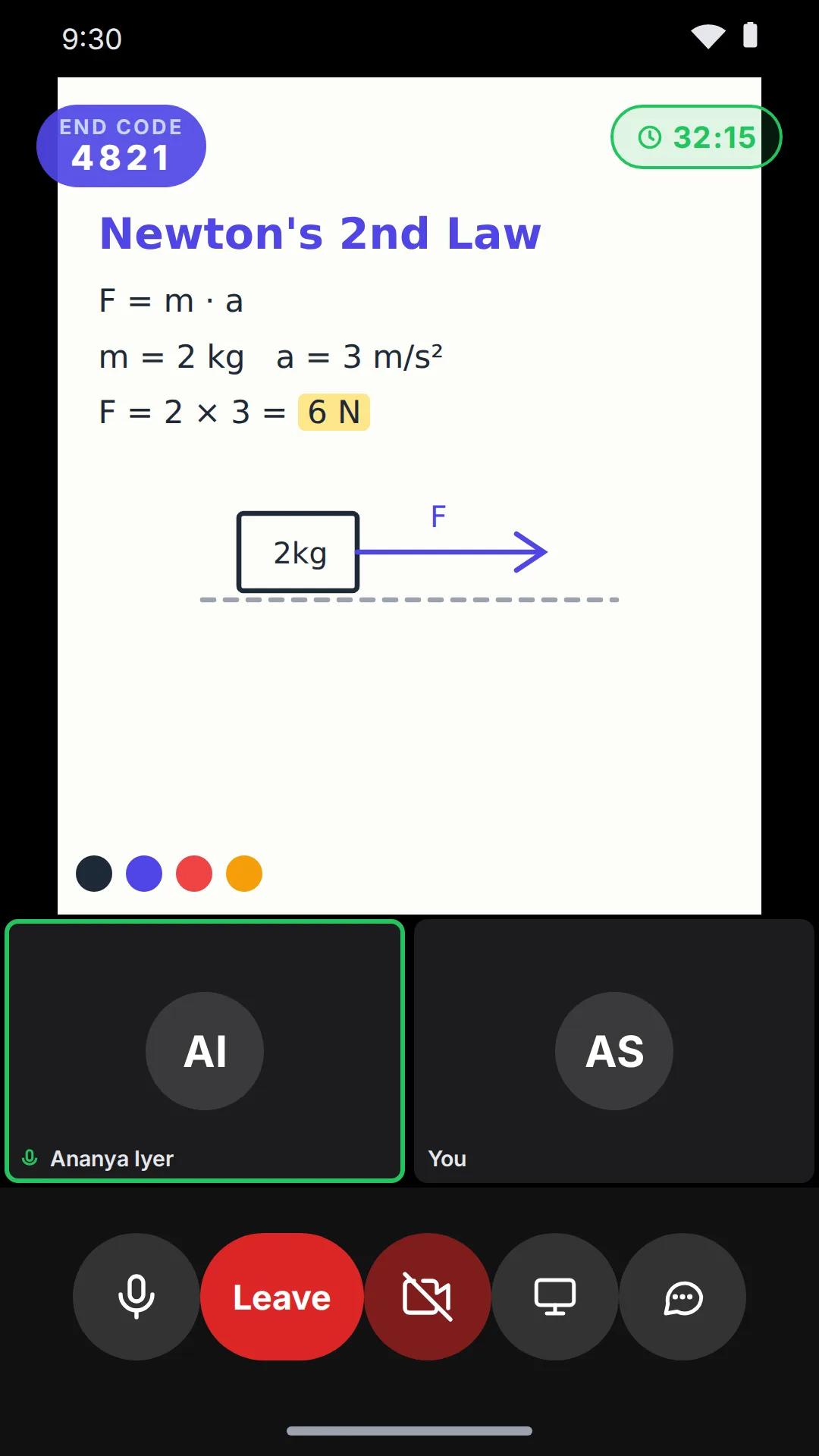 Live 1:1 session with the educator sharing a whiteboard, session countdown and call controls